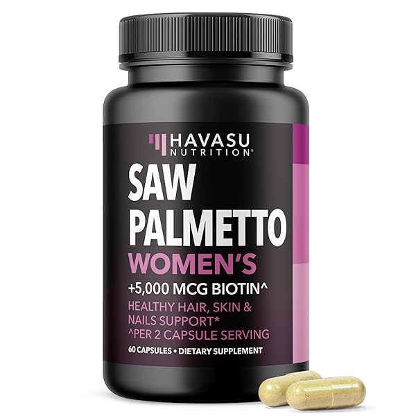 Saw Palmetto for Women with Biotin 5000mcg - Powerful DHT Blocker to Support Hair, Skin, and Nail Health - 60 Count - Vegan, Non-GMO Vitamin for Stronger, Fuller Looking Locks - 1 Month Supply