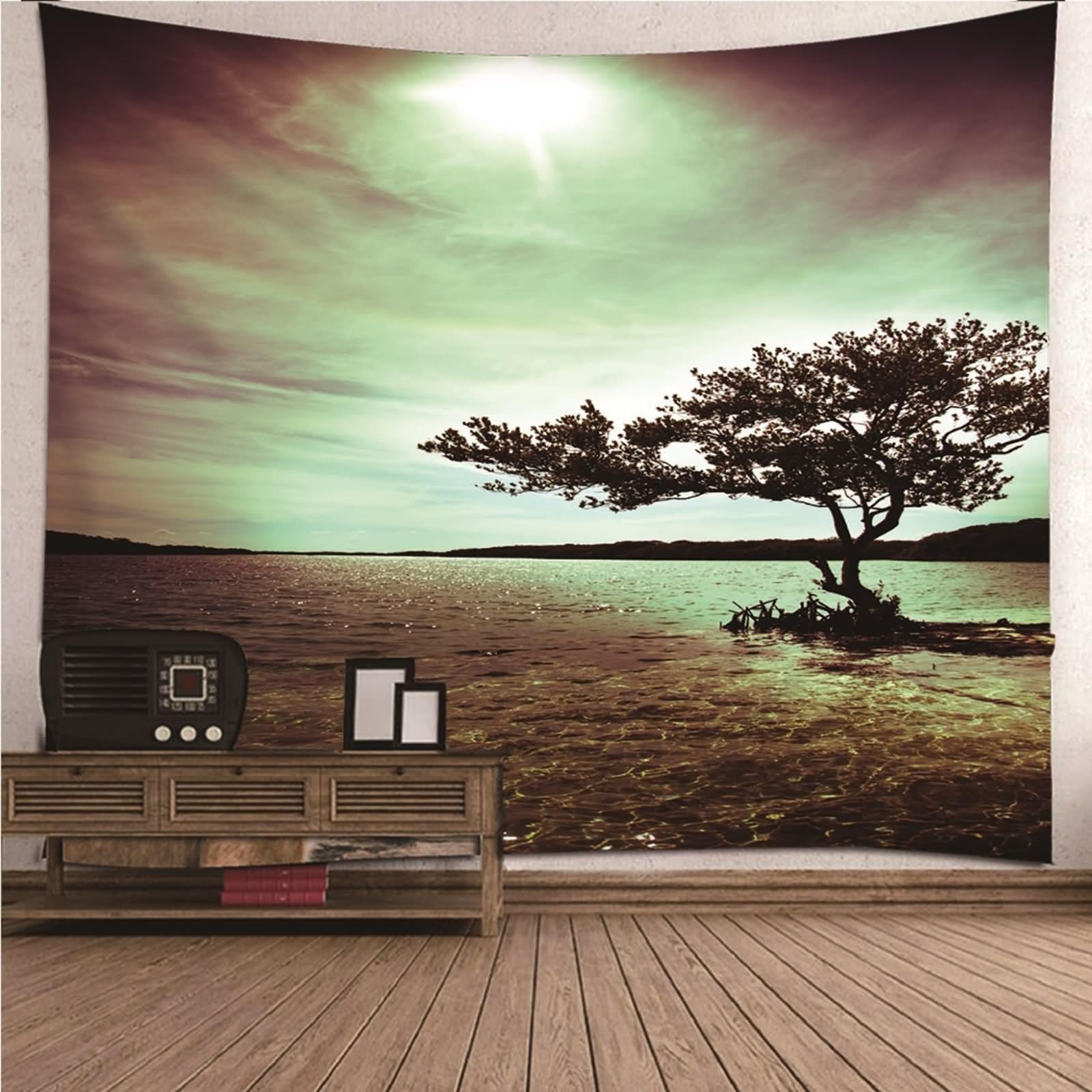 Tapiz tela, tapiz para recámara, para colgar en la pared, árbol en el mar al anochecer, multicolor de poliéster, 118.1 x 102.4 pulgadas (300 x 260 cm)