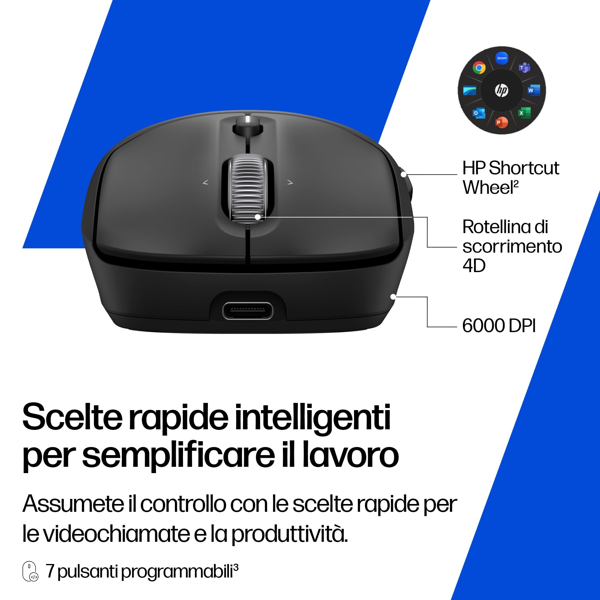 HP 700 Mouse Wireless Ricaricabile, Bluetooth 5.2, USB 2.4 GHz, 7 pulsanti programmabili, fino a 30 giorni di autonomia, 6000 DPI, Compatibile con Windows, macOS, ChromeOS, iOS e Android, Nero