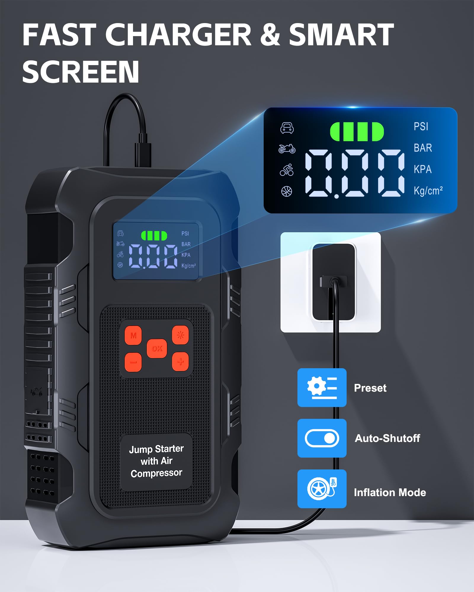 Povasee Starthilfe Powerbank für Pkw mit Kompressor 150 PSI, 6000A Starter Powerbank mit Elektrische Luftpumpe, 12V Auto Starthilfe (10L Benzin/8L Diesel), Jump Starter mit Taschenlampe (Orange)