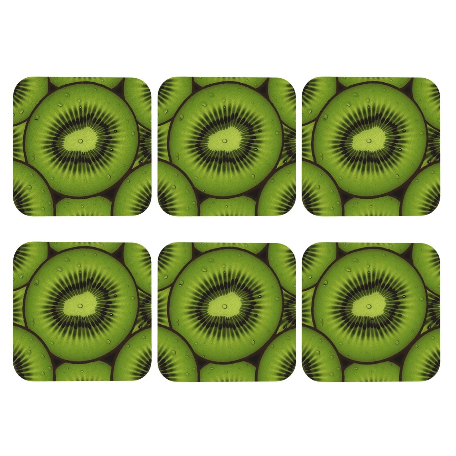 6pcs Leather Coasters for Drinks, Kiwi Slices Drink Coasters for Tabletop Protection, 4" Cup Coasters for Coffee Table Decor, Non-Slip Drinking Cup Mat for Hot Or Cold Drink