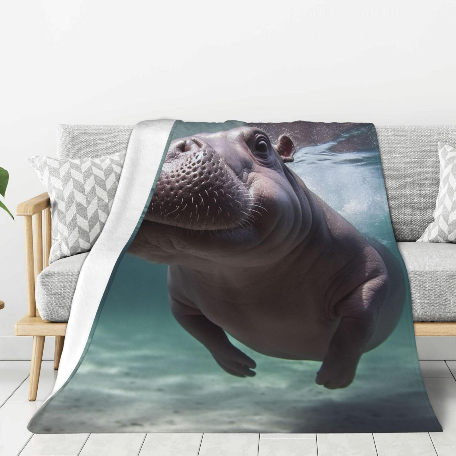 Diving Hippo Throw Blanket Plush Flannel Fleece Blanket, Soft Lightweight Cozy Blankets 60"X50" for Bed Couch Sofa Travel