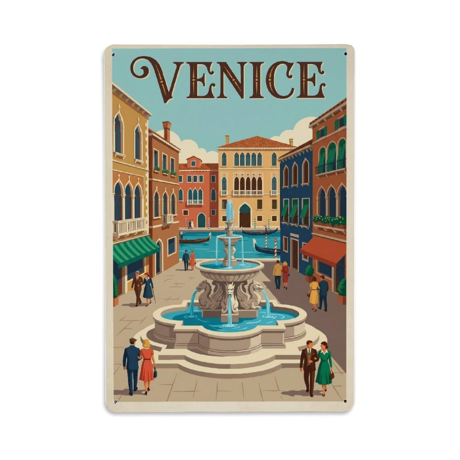 Vintage Travel Fountain Italy Piazza Metal Tin Sign Plaque Wall Decor for Cafe, Club Bar, Office, Home Garden Metal Poster 8x12Inch