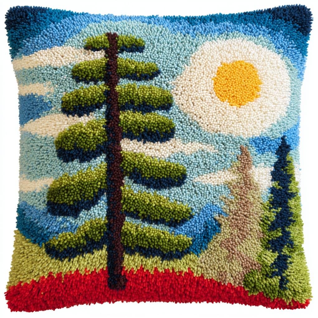 WallustrioaW Latch Hook Pillow Kits Pillow Cover,Sunset Pine Tree Landscape,Printed Canvas Knitted Hooking Pillowcase Cushion Crafts Crochet Home Decor Gift,17x17in