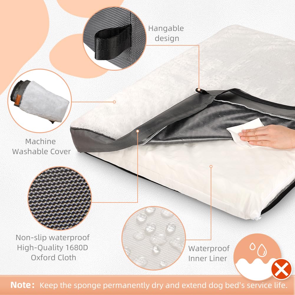 KYG Cuscino per Cani Taglia Grande,Letto per Cani,Cuccia Cane Interno in Uovo Foam,Materassino per Cani con Fodera Impermeabile,Divano per Cani Sfoderabile e Lavabile,Bianco Grigio,105x70x8cm