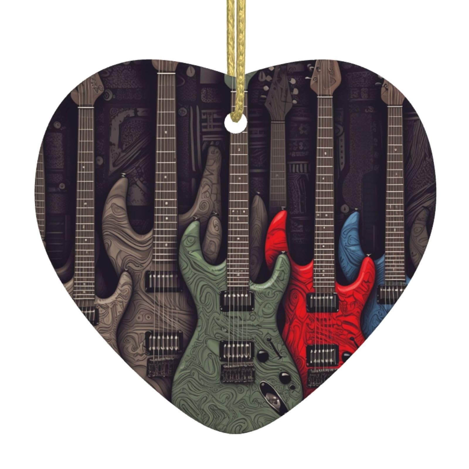 Ceramic Christmas Tree Hanging Ornaments with Gold Ropes Christmas Tree Decorations Heart Ceramic Guitar Pattern Pendant Keepsake Decorations for Holiday Xmas Gift Ideas