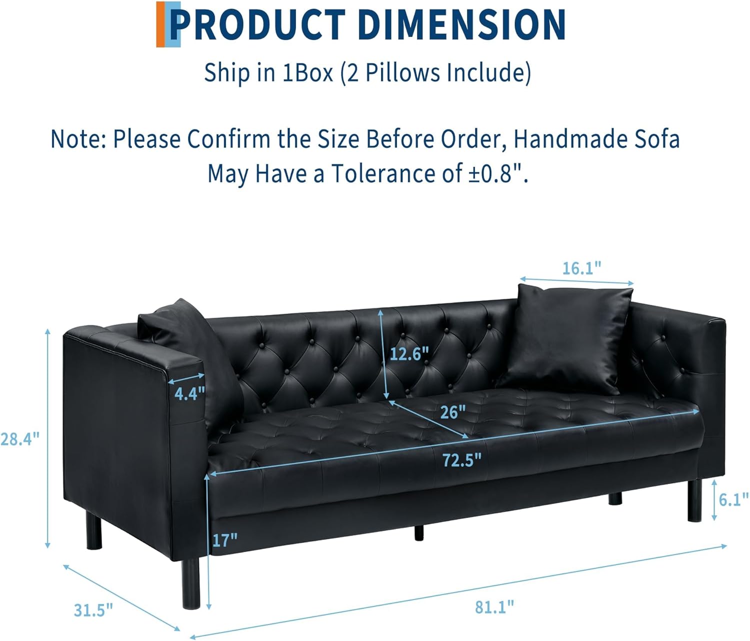 IDEALHOUSE 81" Mid Century Modern Leather Sofa, 3 Seater Chesterfield Couch with Button Tufted Back & Deep Seat, Upholstered Living Room Sofa for Apartment or Office, Black