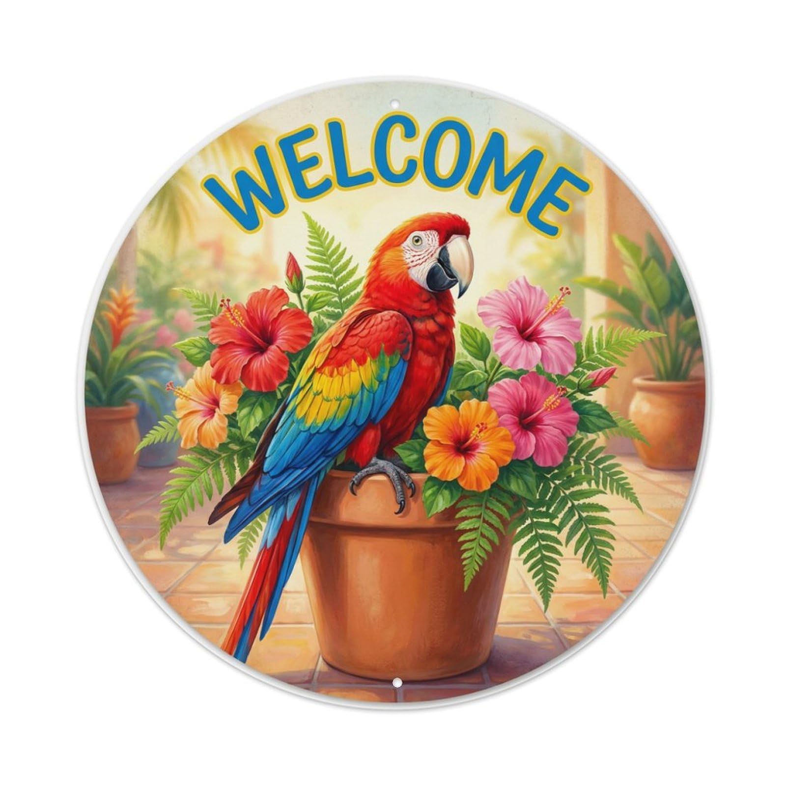Metal Tin Sign Welcome Parrot Tropical Patio