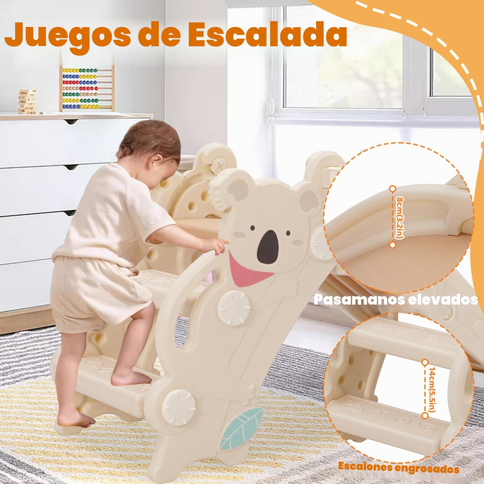 Tobogán infantil 4-en-1 con canasta y anillas. Estructura plegable, antideslizante, ideal 2-4 años