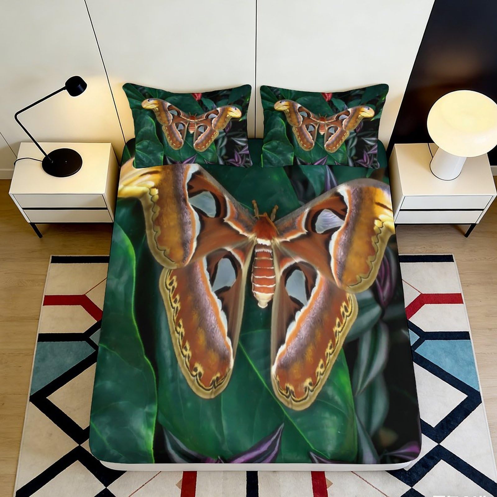 3D Printed Giant Moth Fitted Sheet Microfiber Dark Green Artistic Butterfly Mattress Cover for Bedroom Guest Room Decor 90x200x25cm