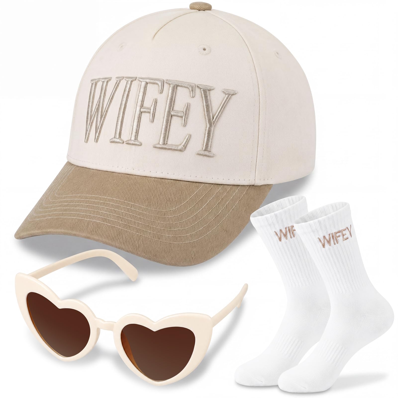 Janmercy 3 Pcs Wifey Cap Gifts, Khaki Wifey Trucker Hat and Heart Sunglasses Socks for Bridal Shower Wedding Bachelorette Party