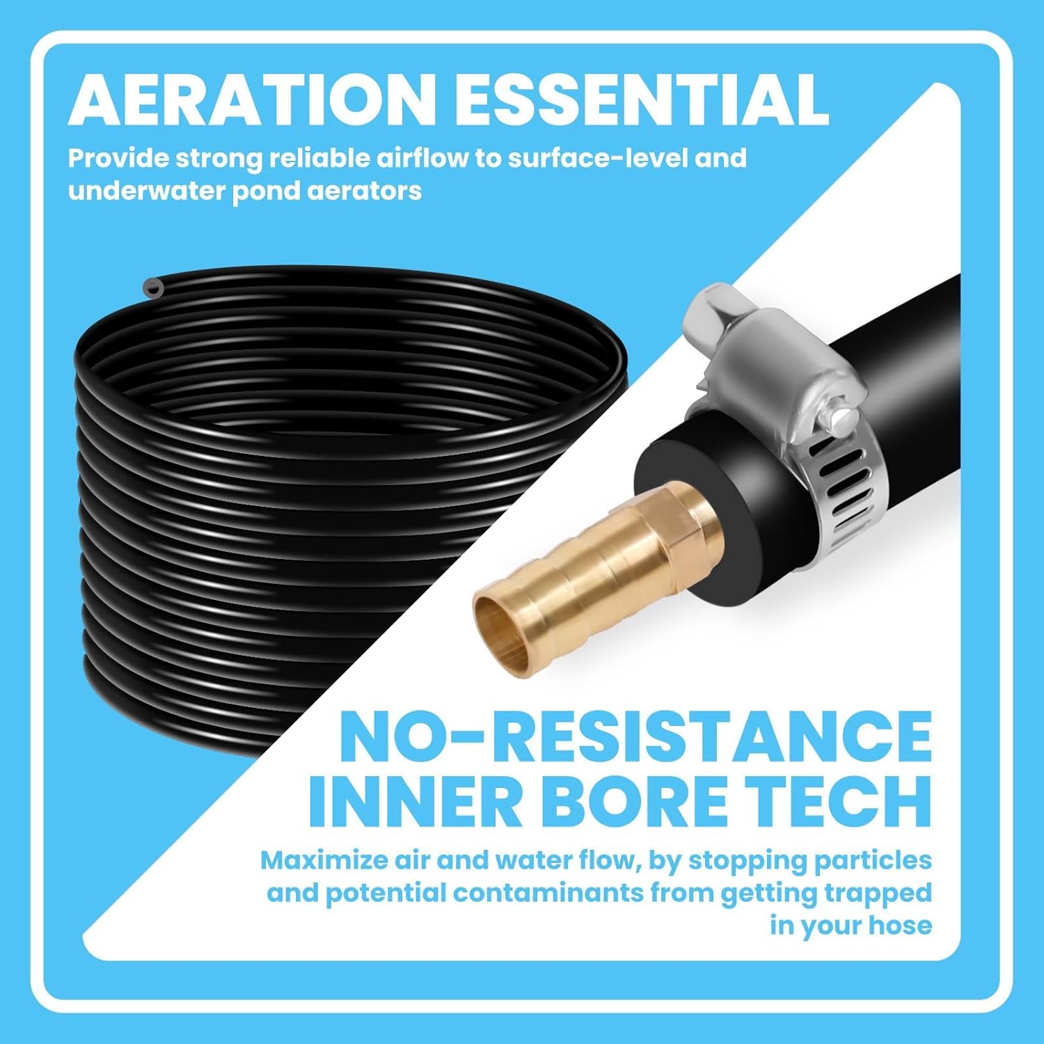 Self Sinking Pond Hose, 100 Ft Weighted PVC Pond Aeration Tubing with 8 Stainless Steel Hose Clamps and 4 Copper Menders, 3/8 inch innner diameter, for Pond Aerator