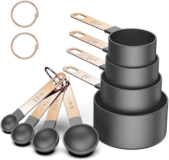 Measuring Cups and Spoons Set for Baking Cup Measurement Jugs Plastic Stackable Nesting Plastic Measuring Cup and Spoon with Rose Gold Stainless Steel Handle Grey