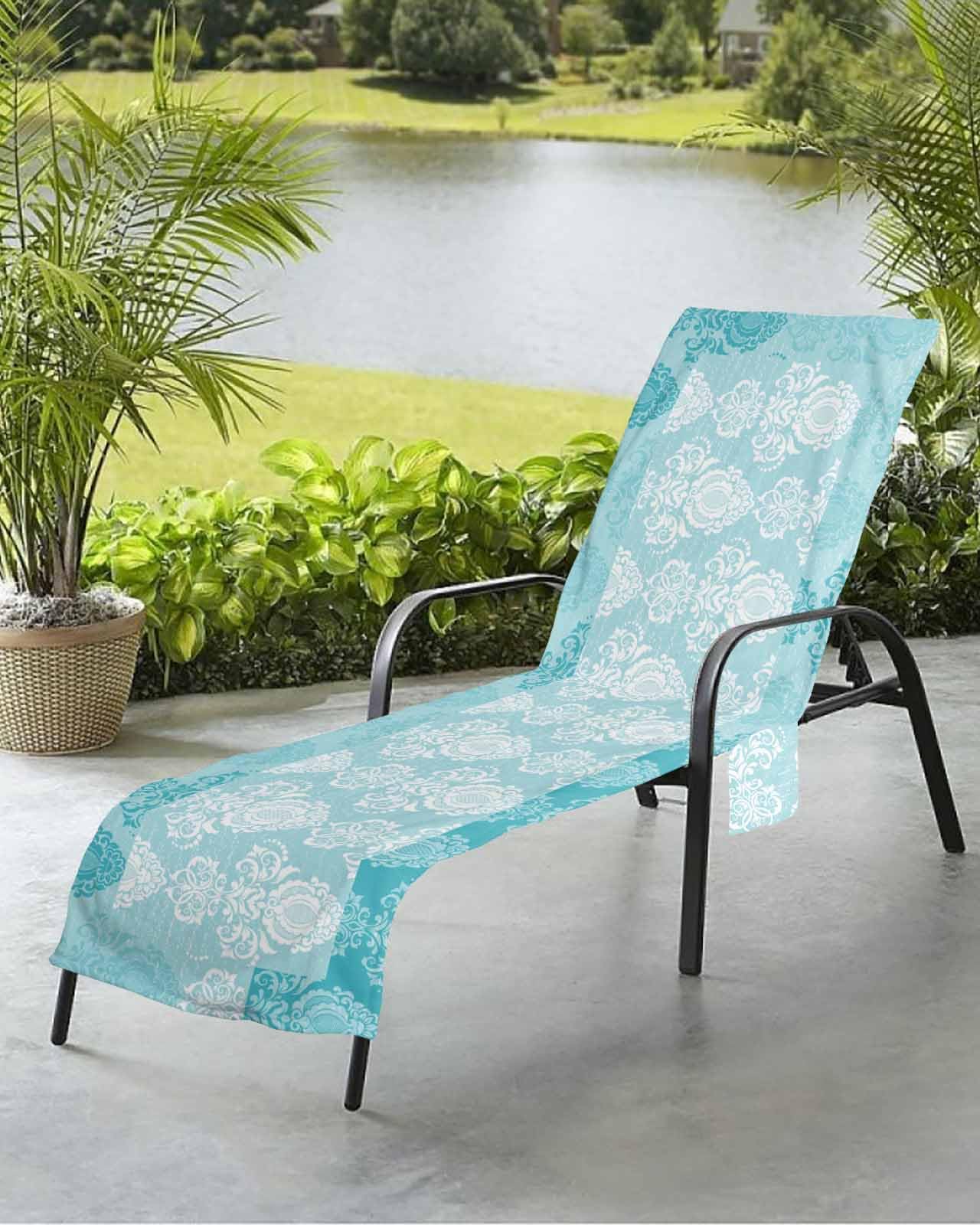 Beach Pool Patio Lounge Chaise Chair Cover Towel with Pockets,Turquoise Damask Absorbent & Quick Dry Microfiber Towel Cover Bag Summer Travel Accessories Luxury Medallion Vintage Paisley Boho Floral