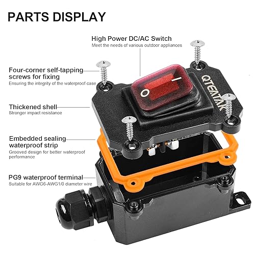 Miniatura 3 de QTEATAK Interruptor de cable en línea DPST ACDC 20A-125V, 16A-250V, 30A-24V, 35A-12V, IP68 impermeable (encendido), apagado (encendido) con botones