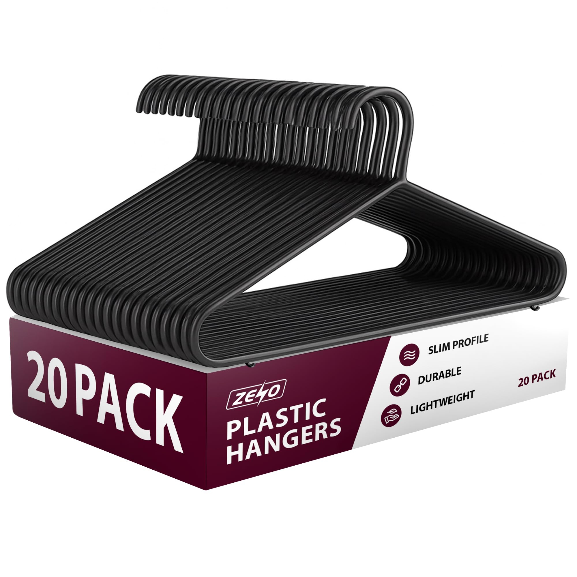 ZENO Plastic Coat Hangers 20 Pack | Strong Hangers for Clothes | Adult Coat Hanger for Clothes Rail & Closet | Non Slip Plastic Hanger with Trouser Bar & Clips | 38.5CM Wide