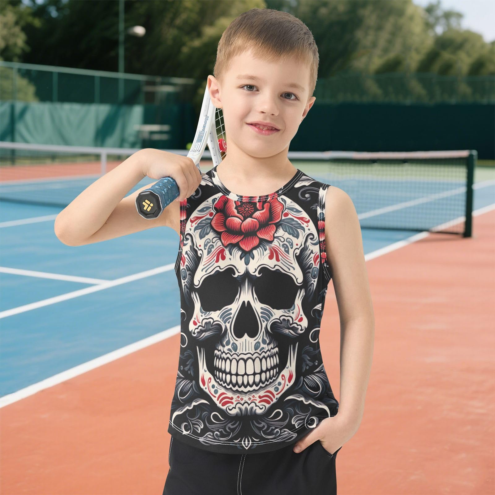 Canotte senza maniche scure con teschio bianco per ragazzo, canottiere traspiranti sportive per bambini