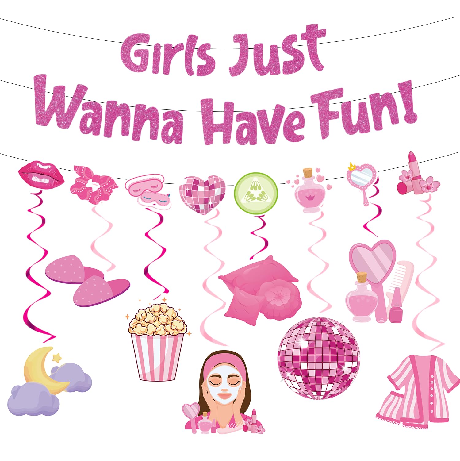 Luvart Sleepover Party Supplies for Girls - Pink Pajama Decorations Girls Just Wanna Have Fun Banners with Hanging Swirls for Spa Theme Girl Women Slumber Night Out Party Decor Supplies