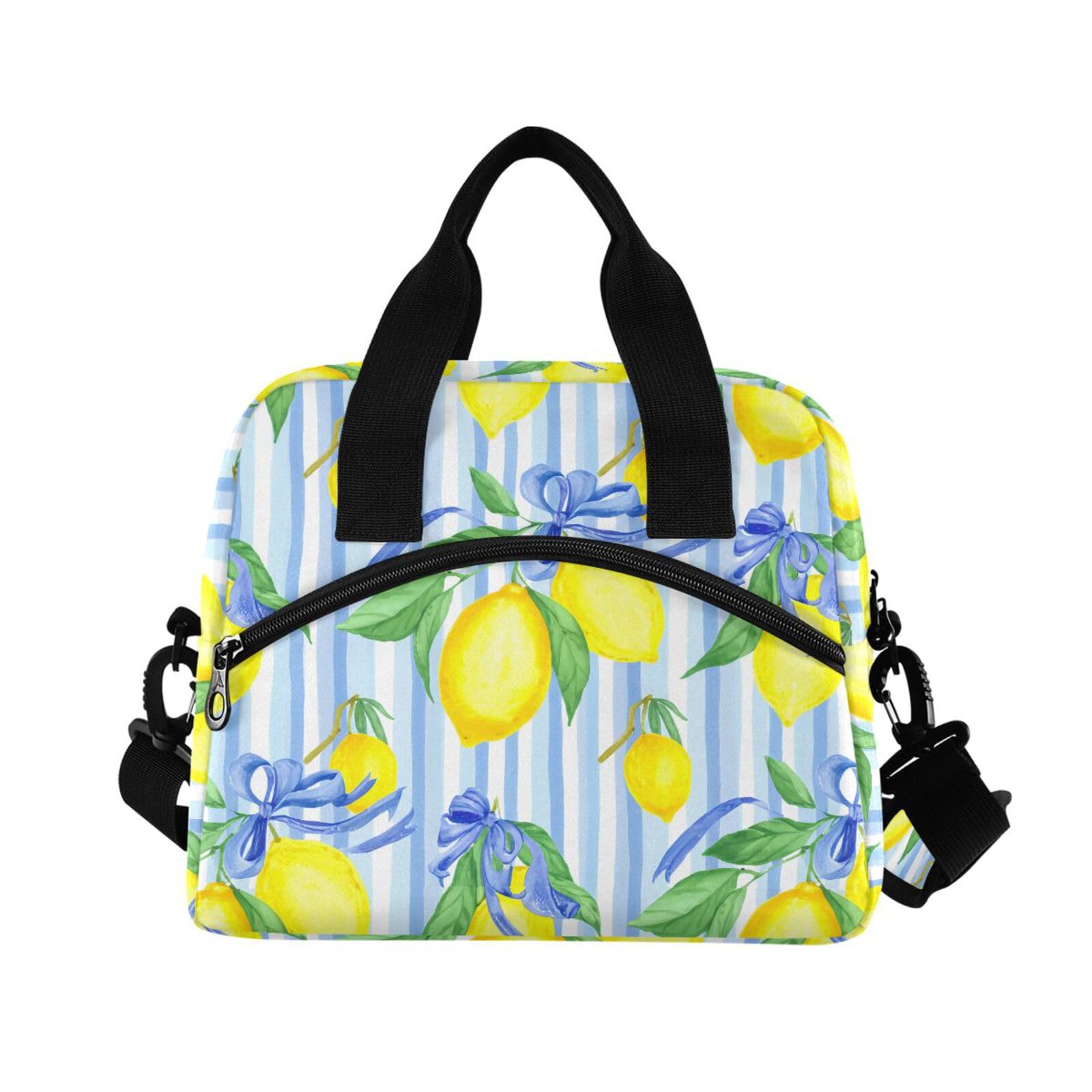 Sinestour Insulated Lunch Bag Reusable Cooler Lemon Bow Blue Stripe Lunch Box Adjustable Shoulder Strap for School Office Picnic