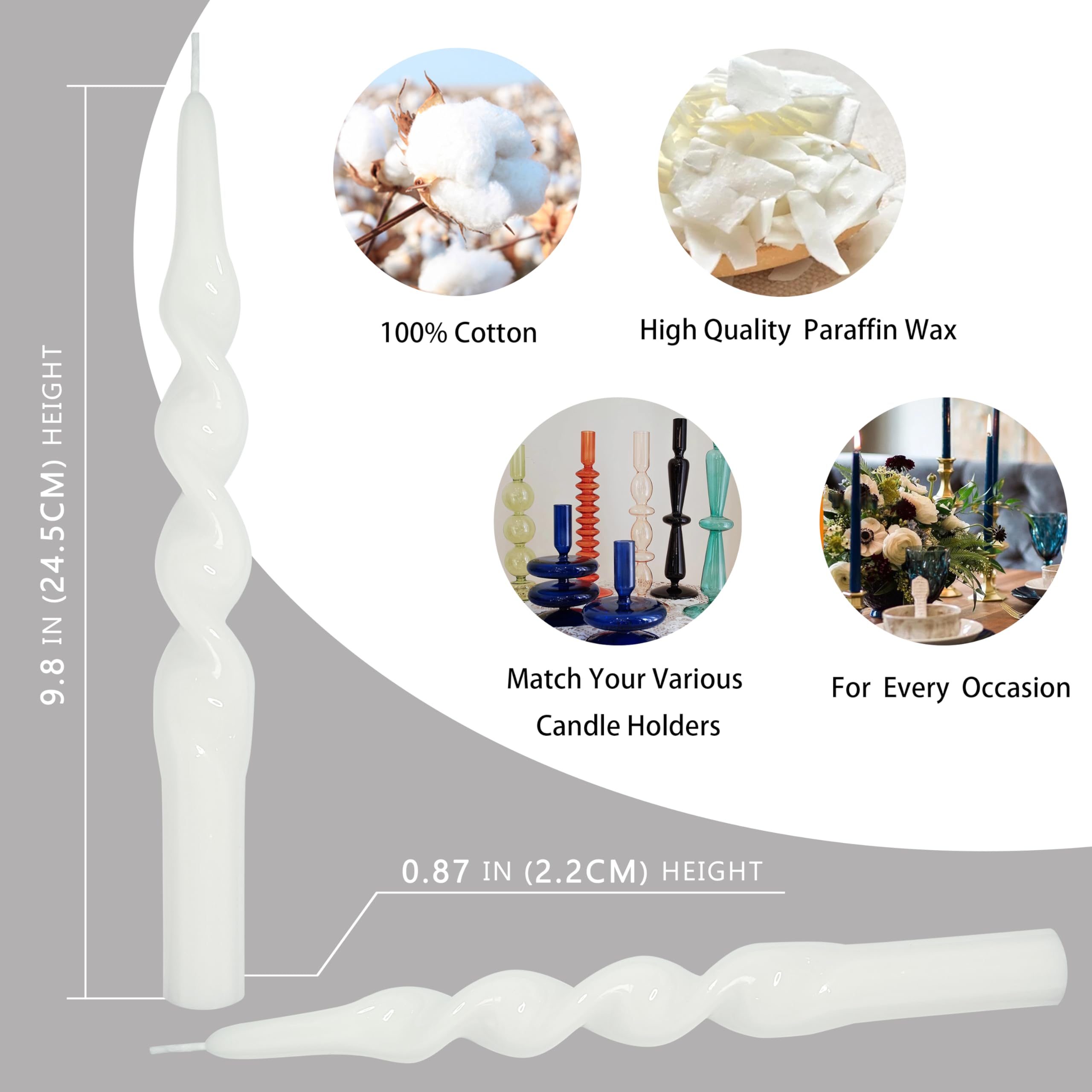 10 Inch Taper Candles Candle Sticks Handmade Unscented Set of 4 Long Burning Spiral Candles Twisted Candlesticks for Bohemian Wedding Holidays(White)