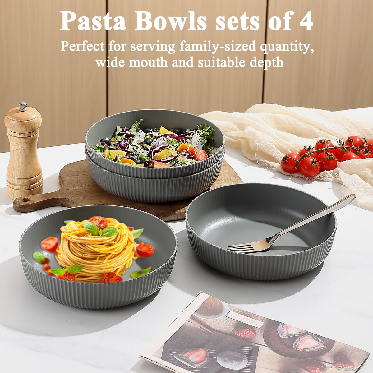 Kyraton Pasta-Schalen Set von 4, Unzerbrechliche Kunststoff-Schalen für Suppe, Salat und Pasta, 1,1L