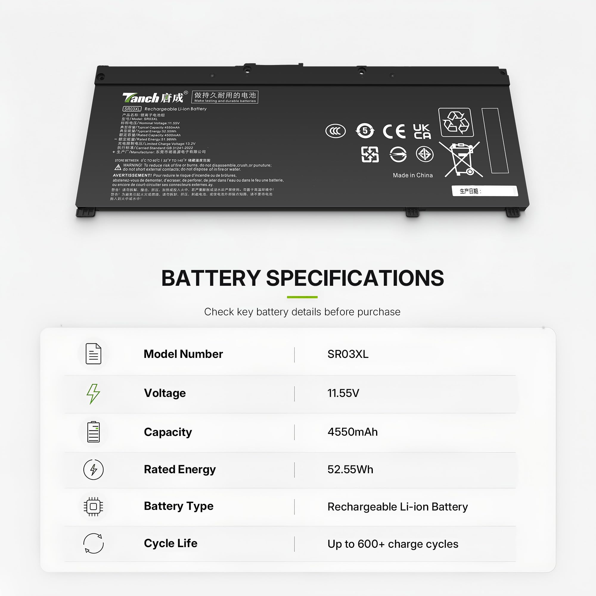 Ordinateur Portable Akku SR03XL L08855-855 pour HP Envy X360 15-CN0000TX Pavilion 15-CX0074TX 15-CX0058WM 15-cx0010nw 15-cx0xxx 15-cx0006nf 15-CX 11.55V 4550mAh 52.5Wh
