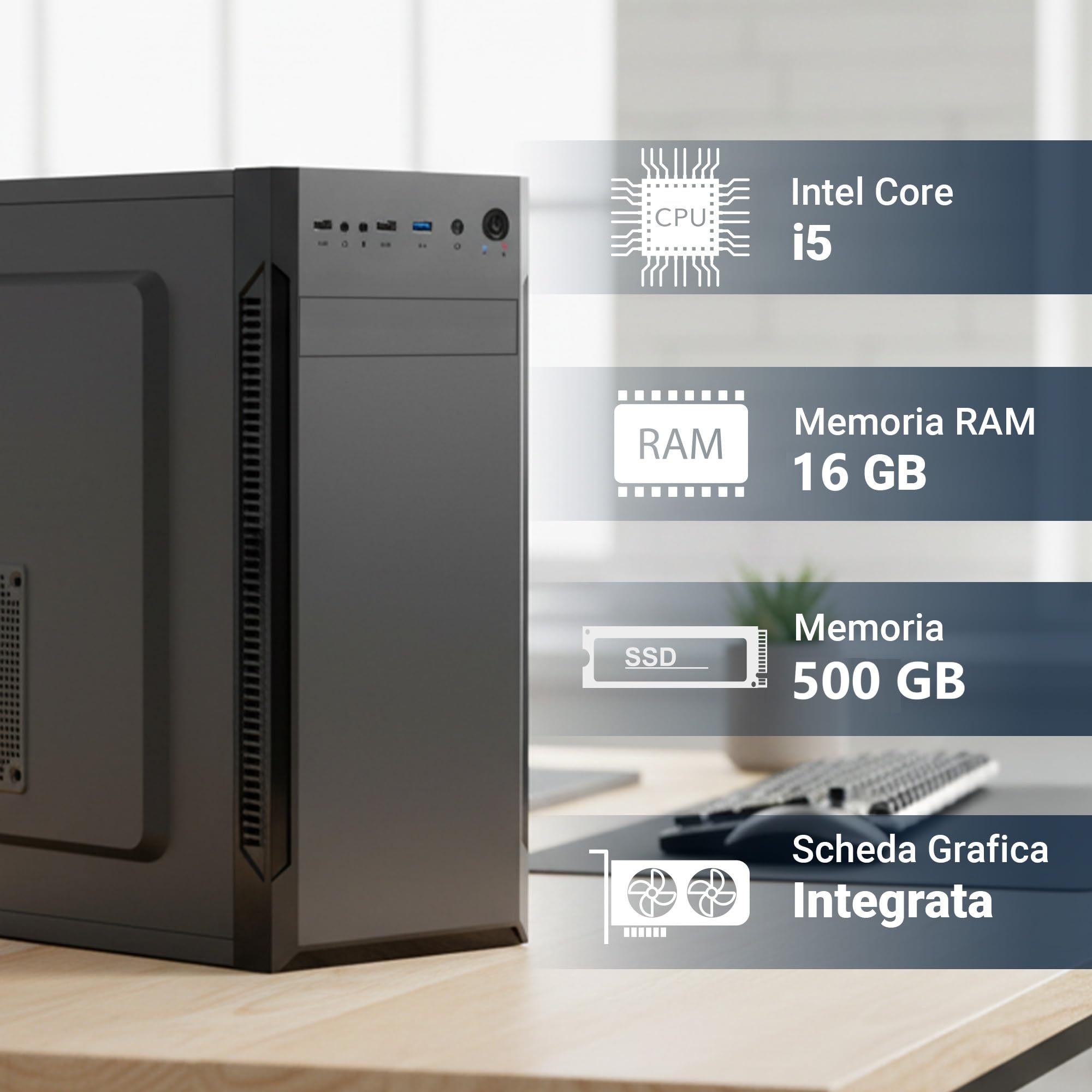 PC Fisso Completo - Computer Desktop Intel Core i5-12400 • RAM 16GB DDR4 • SSD 500GB NVMe M.2 • Grafica Intel UHD 730 • Wi-Fi AC e Bluetooth • Masterizzatore DVD • HDMI • USB 3.0 • Windows 11 Pro
