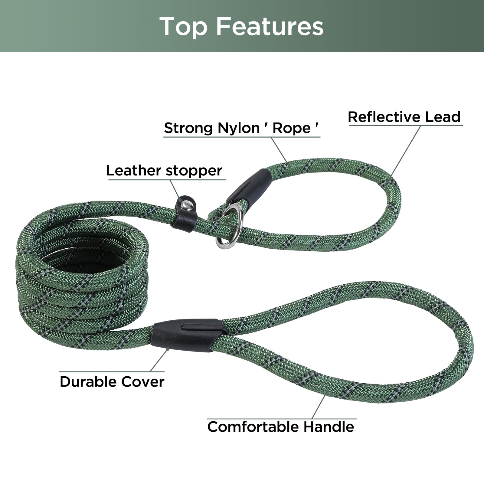 Loutep Slip Lead For Dogs-1.8m Long Rope Dog Leash With Reflective Stitching Slip On Easily With No Collar Or Harness Needed Anti-Choke Dog Slip Lead Ideal For Small Puppy Large & Medium Dogs Training - Image 3