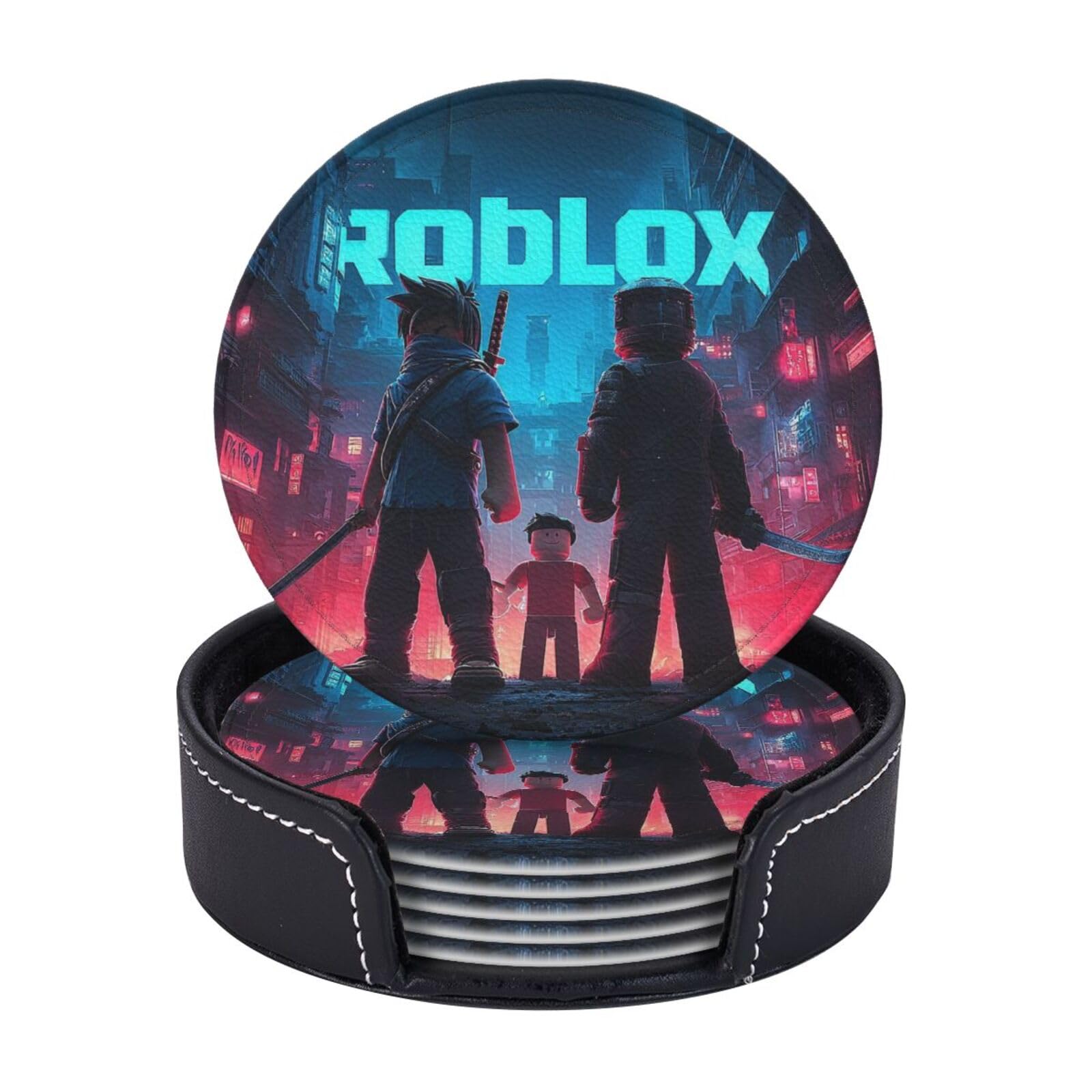 Coasters Set of 6 Leather Drink Coasters with Holder Roblox Coasters for Drinks Heat Resistant Coaster Round Coffee Cup Mat Pad for Kitchen Office Home Decor