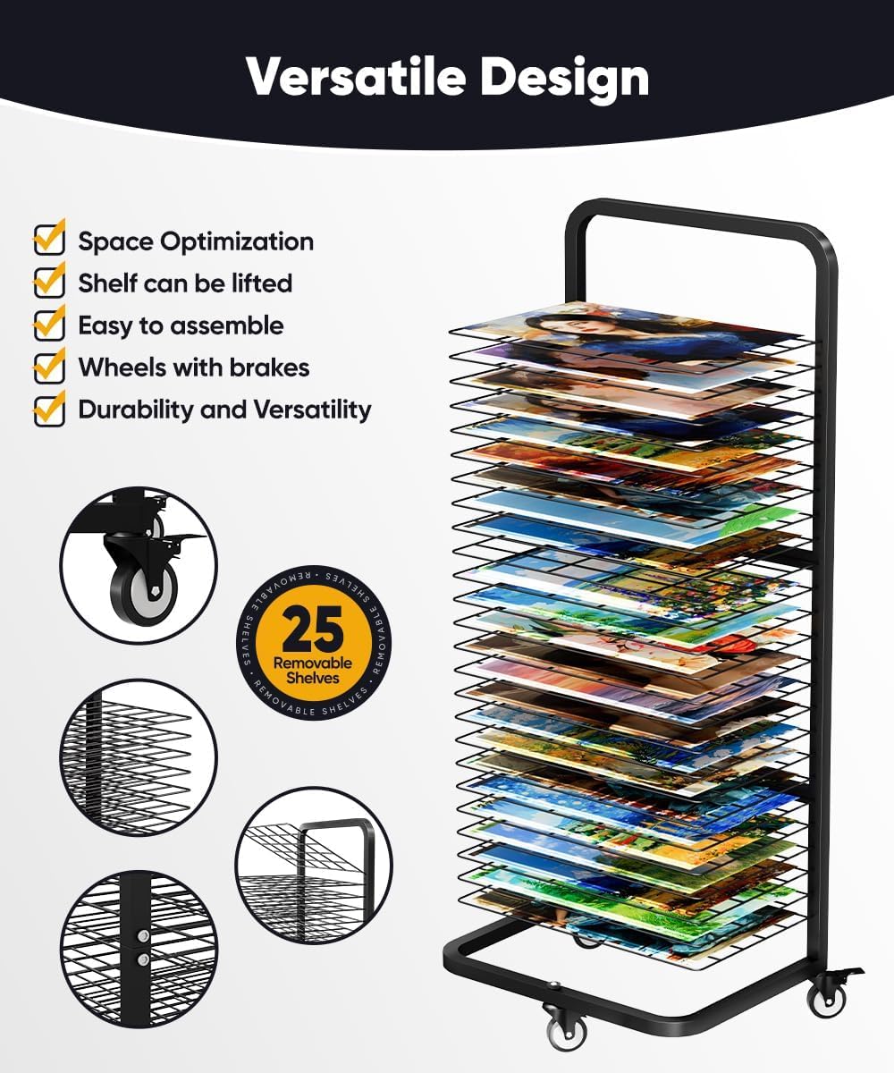 Garbuildman Stendibiancheria resistente per dipinti, supporto in metallo con 25 ripiani rimovibili, scaffale mobile in tela con ruote bloccabili per aule e studi artistici, nero