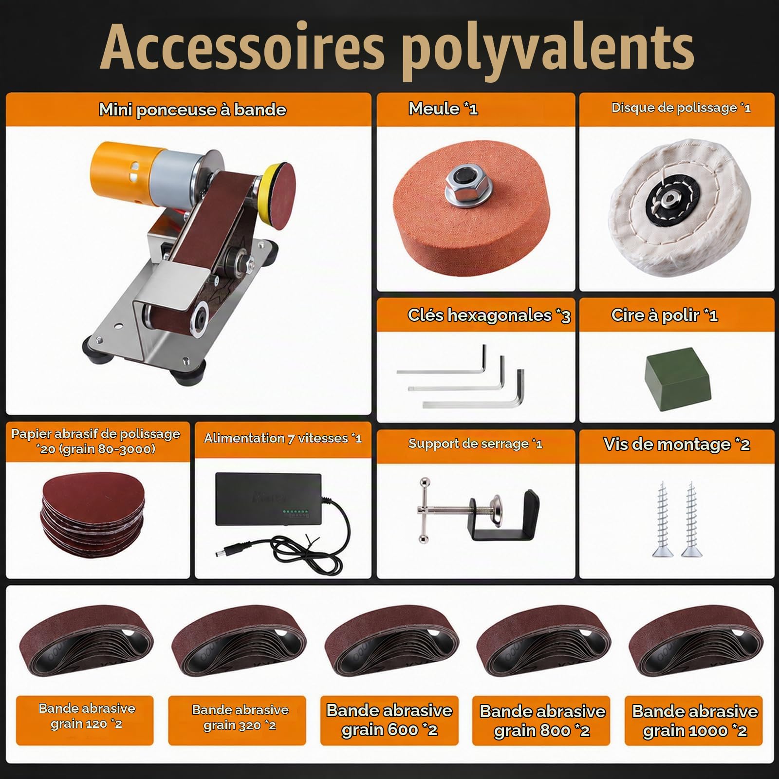 Ponceuse à Bande, Mini Ponceuse à Bandeélectrique Pour Couteaux Polisseuse Diy 7 étapes AffûTeur De Couteaux à 15° Avec Angle Fixe Meuleuse De Bord Avec 10 Bandes Abrasives Et 20 Feuilles Abrasives