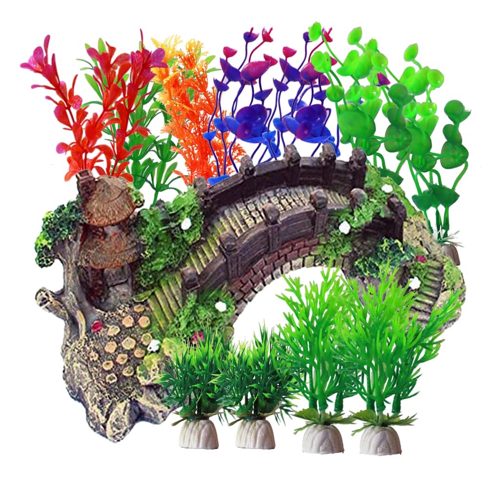 Décoration pour aquarium avec plantes en résine et pont en arc, lot de 12 plantes en plastique pour aquarium et pavillon décoratif pour aquarium en forme de pont pour décoration de bac à