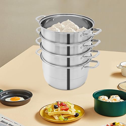 Miniatura 5 de Cocedor de vapor apilable de 5 capas, vaporizador de acero inoxidable 304 con sartén y tapa apilables, olla de cocina de varios niveles de 23.6