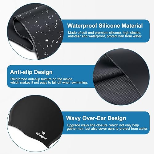 Miniatura 2 de Paquete de 2 gorros de natación de silicona para hombres y mujeres, unisex, para cabello cortolargo para mantener el cabello seco, gorros de baño