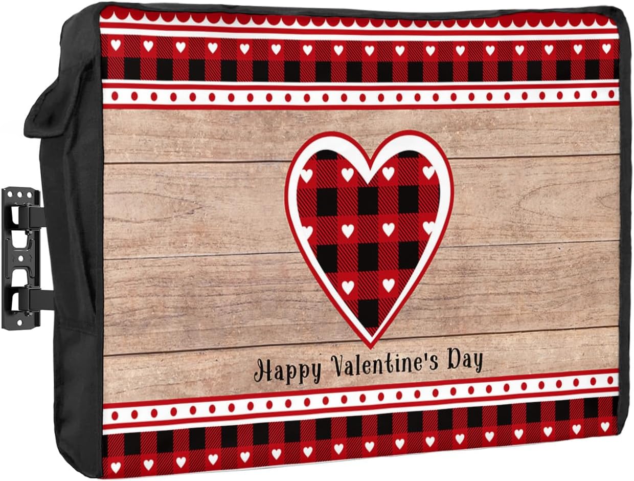 Outdoor TV Cover - Happy Valentine's Day Red Plaid Love Heart Wood Grain Waterproof and Weatherproof 30"-32" LCD Movable Shield TV Display Screen Protector Outside Television Covers