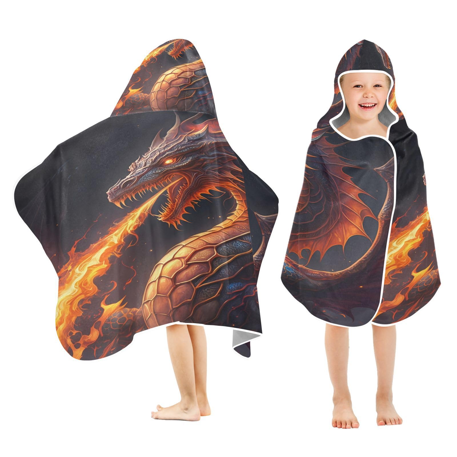 Nesatuwa Hooded Towel for Kids,Fiery Dragon Kids Beach Bath Towels Soft Absorbent Quick Dry Poncho Towel for Girls Boys
