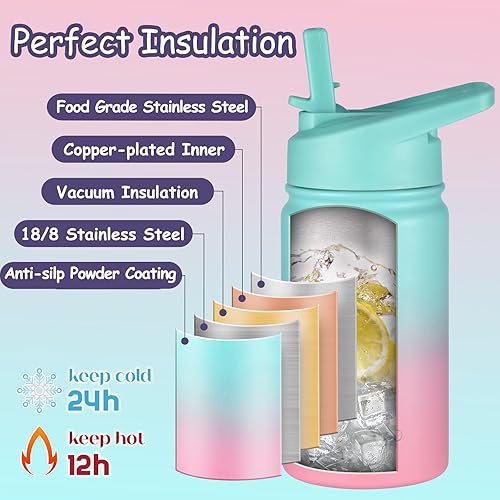 Miniatura 4 de Botella de agua aislada para niños, botella de agua de acero inoxidable de 12 onzas con tapa con popote y tapa para beber para niñas y niños