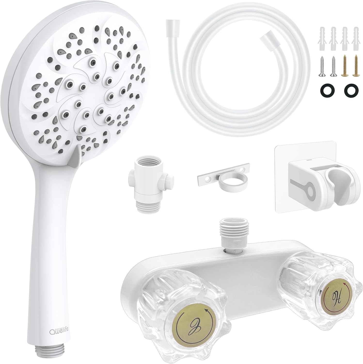High Pressure 7-Mode RV Shower Head with Hose and Faucet, White
