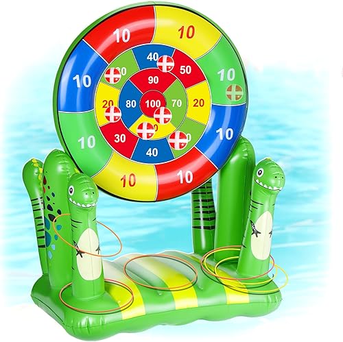 BUSOHA Juguetes flotantes de dinosaurio para piscina, 2 en 1, tabla de dardos inflable, aro de lanzamiento, juego de natación familiar, juego de