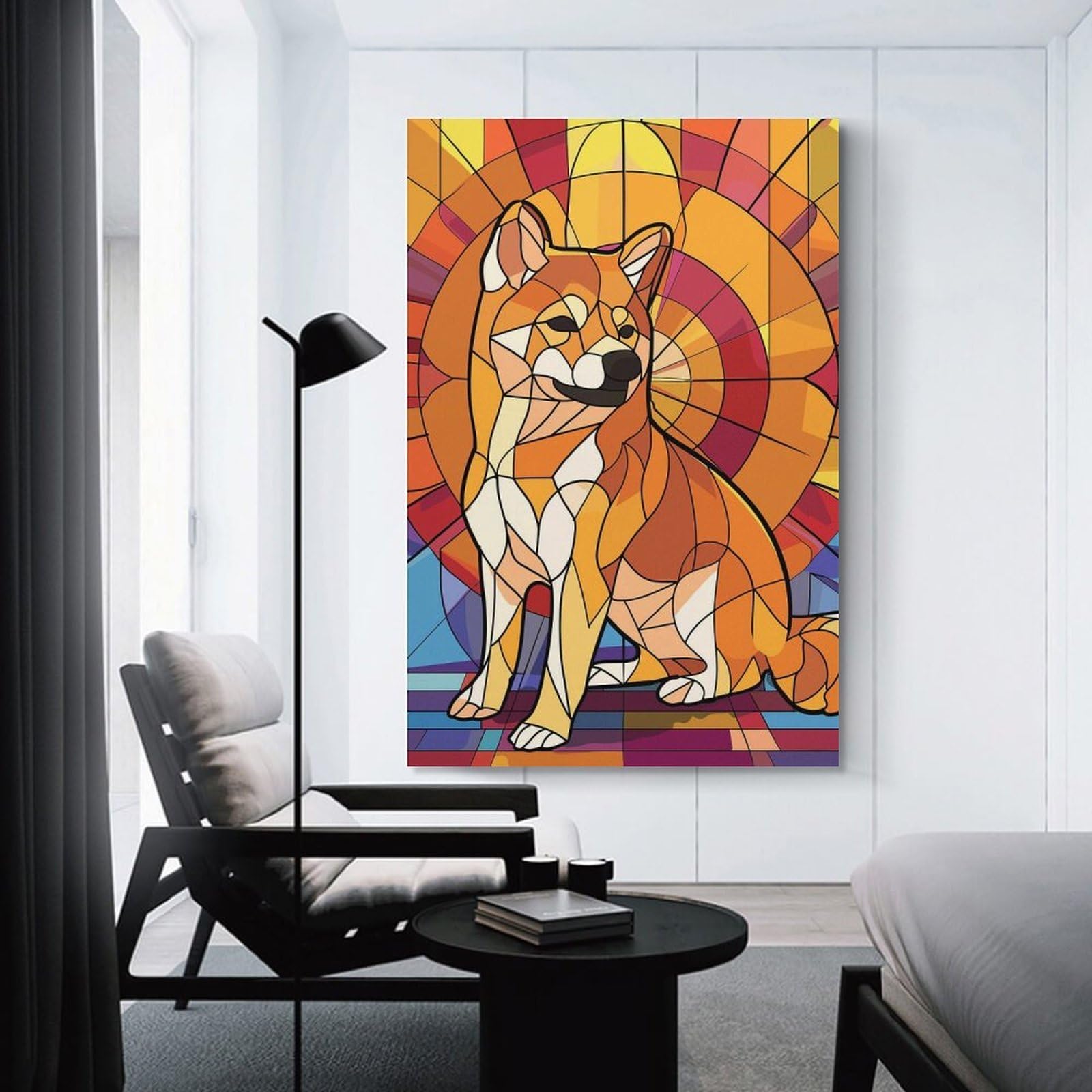 Junmoney Shiba Inu Stained Glass Art Decorative Wall Artwork, 20x30inch(50x75cm), for Home Lounge, Bedroom Or Reading Nook, Easy Decor for Gallery Walls