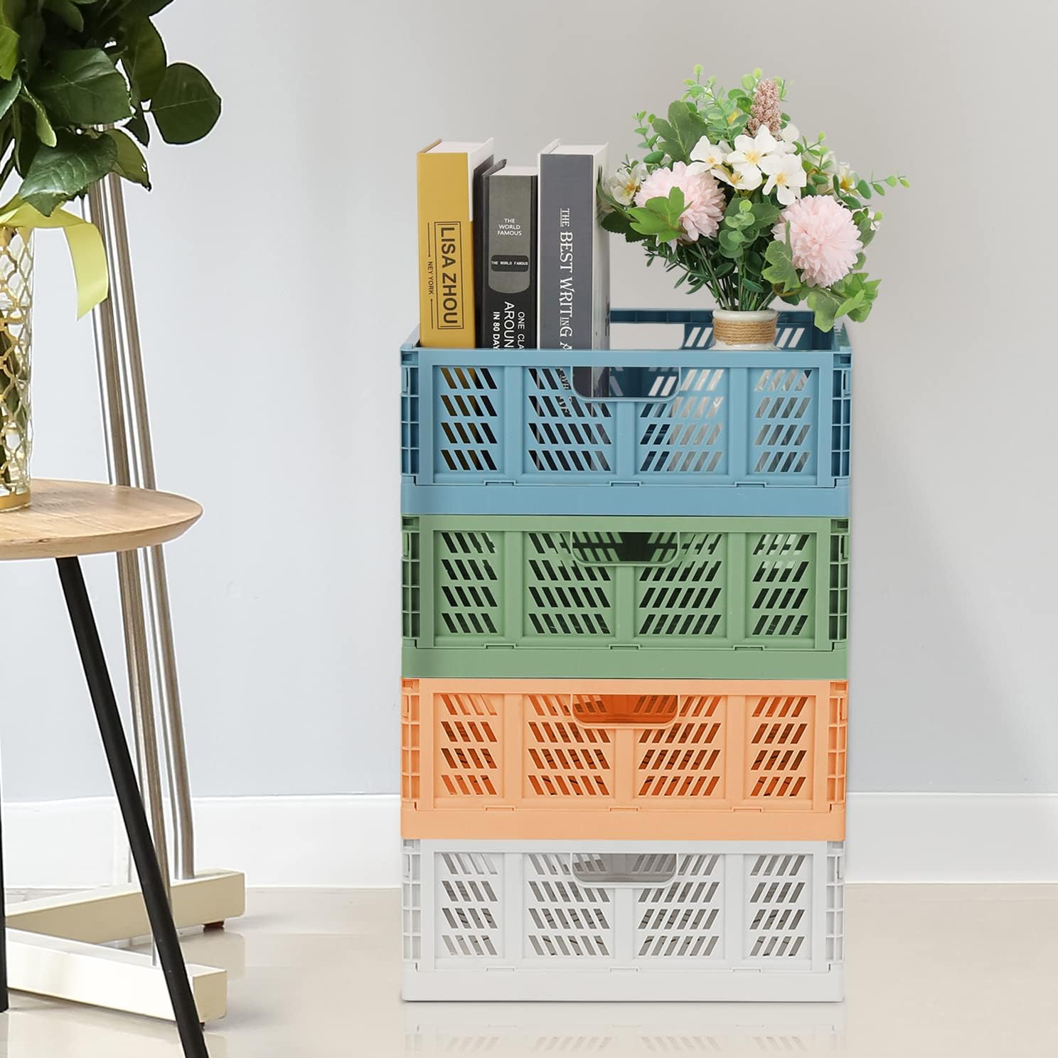 Phyllia Plastic Storage Shelf Baskets Colorful Drawer Organizers 4 Pack Home Kitchen Storage Crate Bin Stackable Food Grocery Container Folding Office Drawer Organiser Transport Box (13.3"x10.2"x5.1")