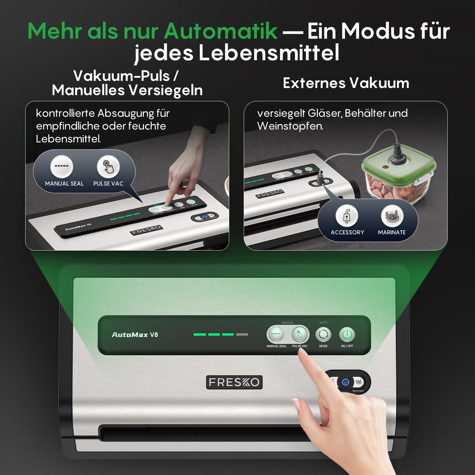 FRESKO Vakuumiergerät 18L/min,140 W, Integrierter Beutelschneider, AutoMax | Vollautomatisches System mit Stauraum, Vakuumiergerät Testsieger Note 1,2, 1 Vakuumrolle sowie 10 Beutel, V8