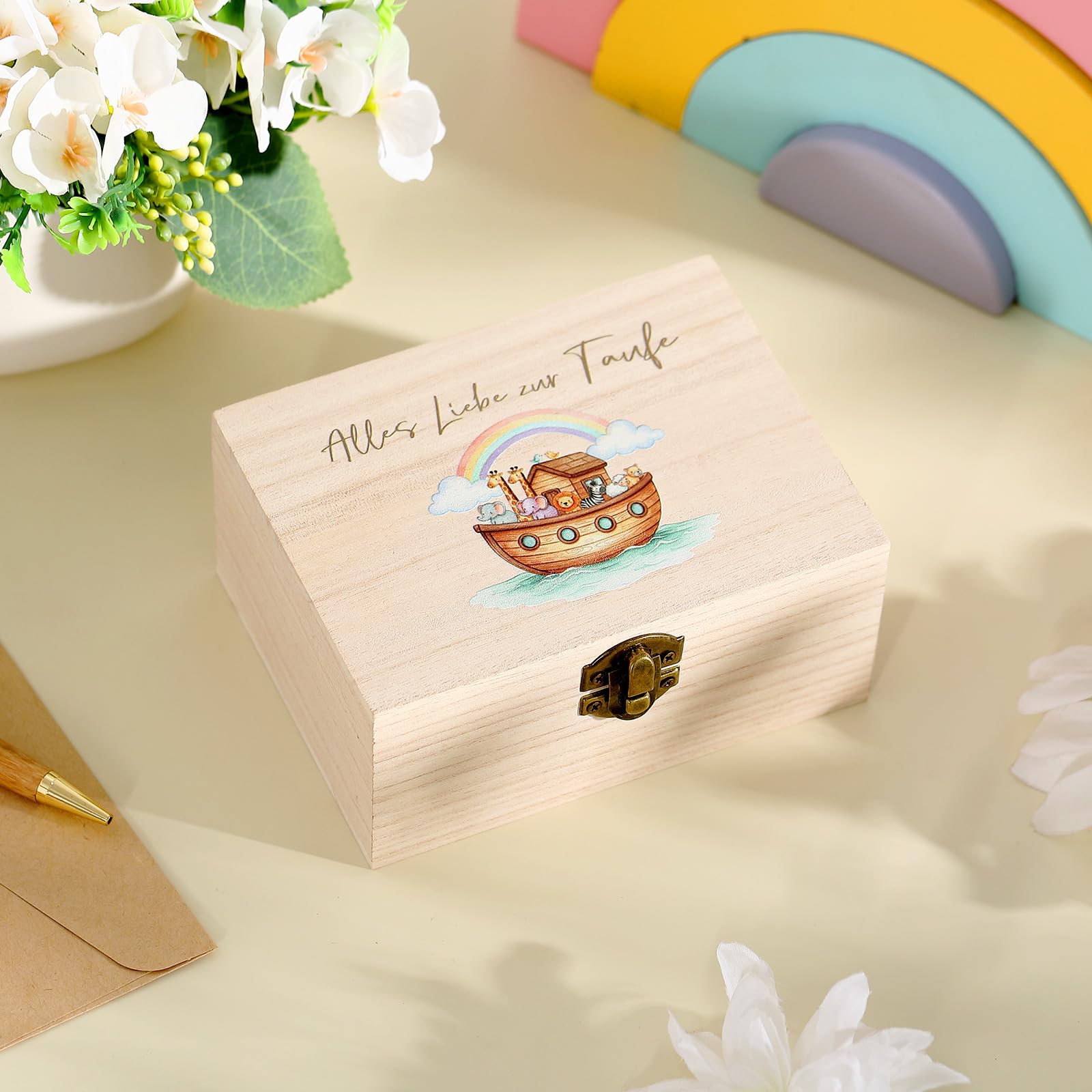 Namalu 4er Set Taufe Geldgeschenk Holzbox mit Regenbogen und Tier Arche Noah Reagenzglas Holzsplitter Grußkarte und Raffia Gras Geldgeschenk Verpackung für Party Gäste Taufe Deko