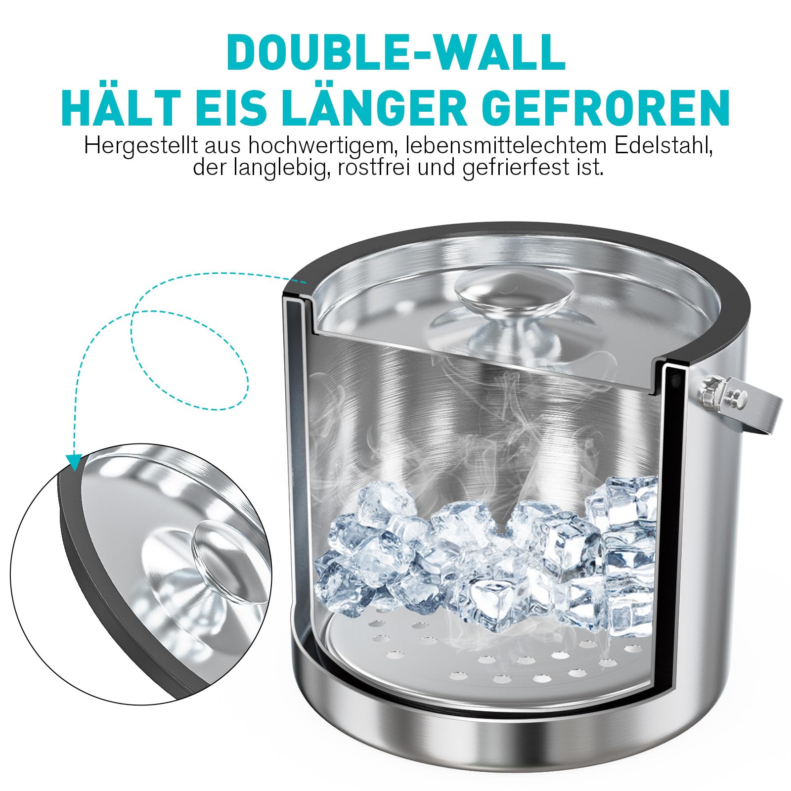 3,2L Eiswürfelbehälter mit Deckel Schaufel-Edelstahl Eiskübel Doppelwandiger Isolierter Eisbehälter für Eiswürfel Ideal zum Kühlen von Bier Champagner Wein und Obst
