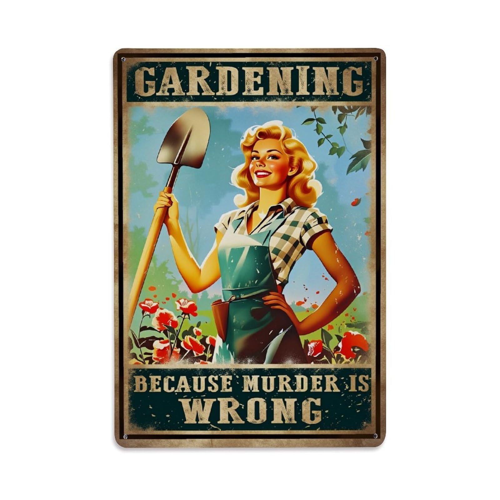 Enderetf Vintage Gardening Woman Shovel Flowers Sky Tin Sign Metal Poster, Home Bar Garage Man Cave Cafe Indoor & Outdoor Wall Decoration 8X12inches