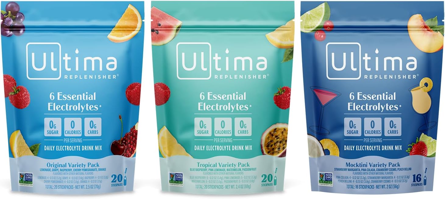Ultima Replenisher Daily Electrolyte Powder Drink Mix – Sugar Free – Tropical, Mocktini, Original Variety, 56 Stickpacks – Hydration Packets - 6 Electrolytes and Minerals – Keto, Non-GMO