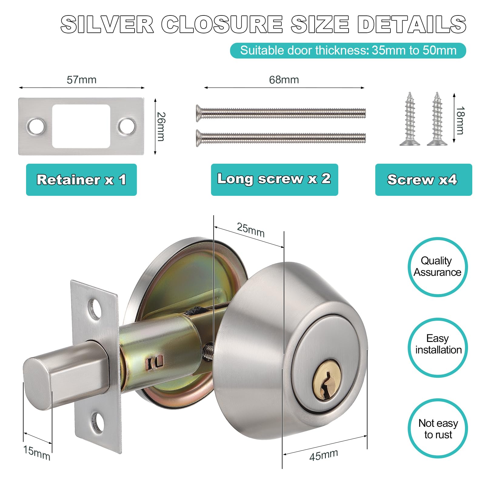 Coolty Deadbolt Lock Set, Single Cylinder Deadbolt Lock with Key Security for Entrance Door (Silver) - Image 2