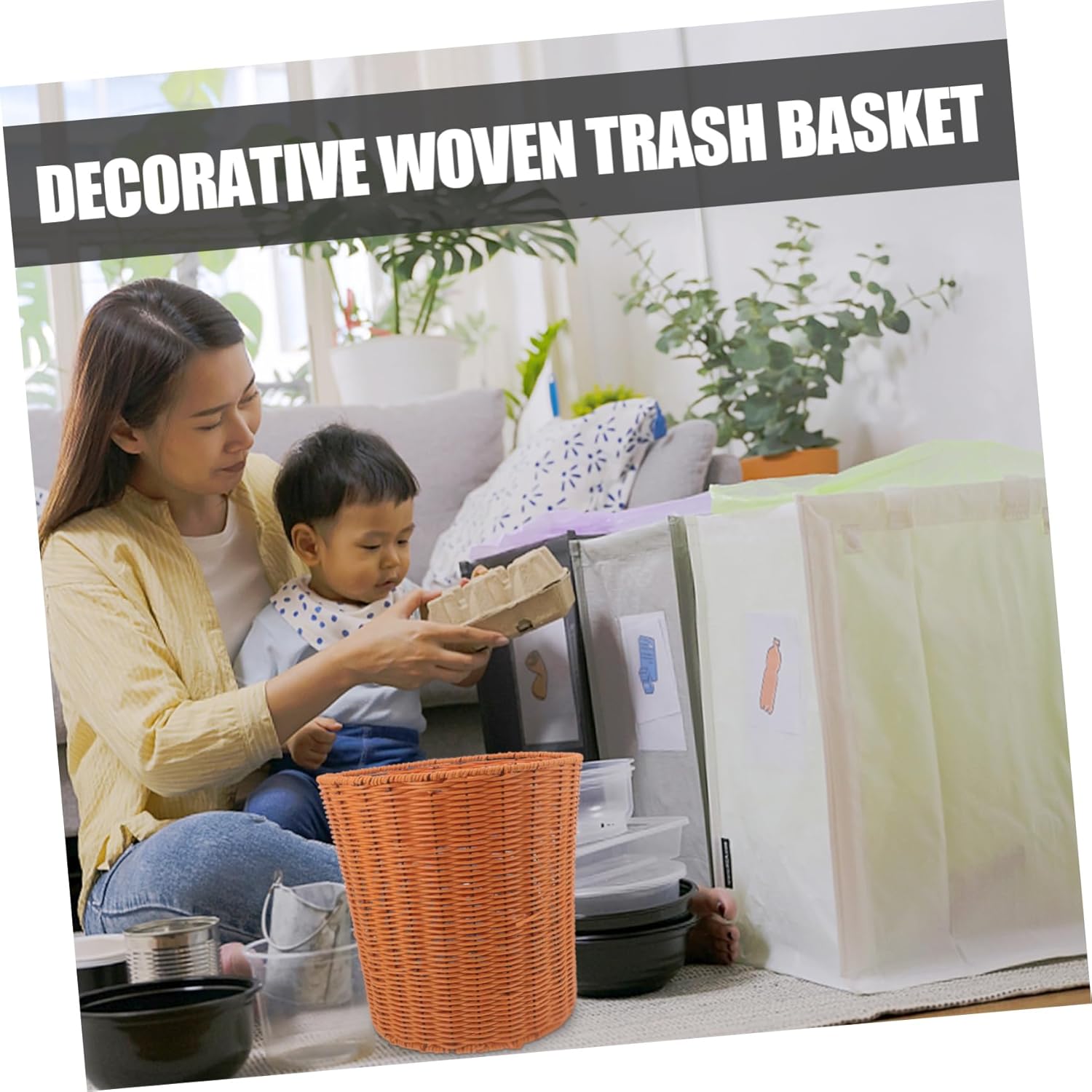 DECHOUS Woven Waste Basket for Home Organization Lightweight Multipurpose Storage Bin for Kitchen Bathroom Office and More Imitation Rattan Design for Rustic Charm