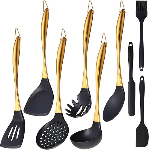 Juego de utensilios de cocina de silicona, juego de 9 utensilios de cocina con mango de acero inoxidable, utensilios de silicona resistentes al