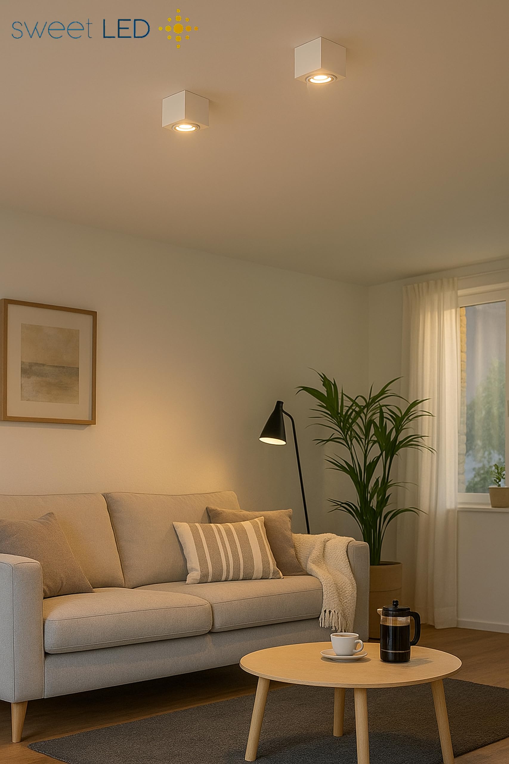 Sweet Led Aufbaustrahler aus Aluminium - 4x Deckenspots 7W 3000K warmweiß - LED Aufbauspot weiß matt Eckig - Aufbauspot GU10 80x80x84 mm - Aufputz 230V schwenkbar